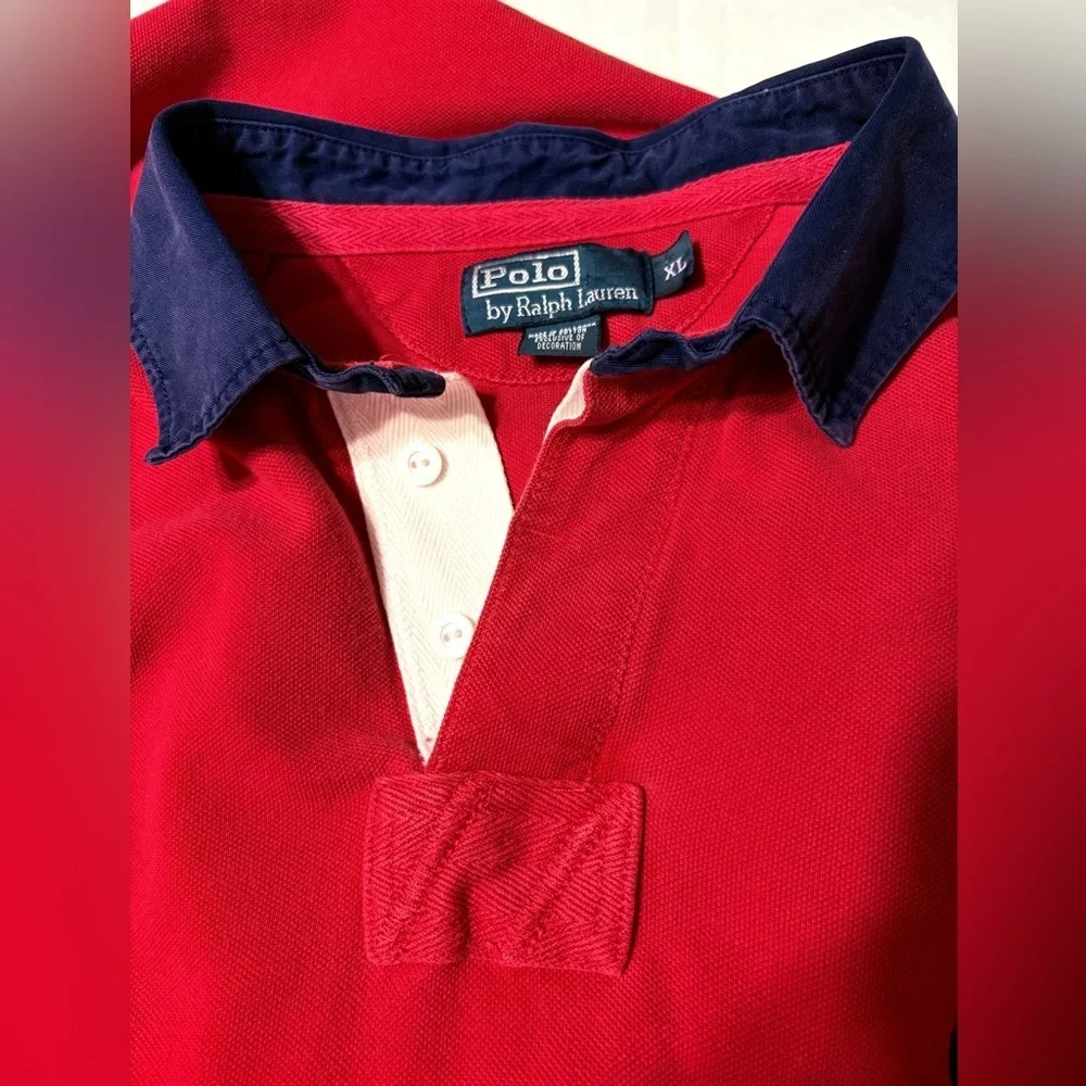 Vintage Polo Ralph Lauren Rugby Red Shirt with Navy Accents Big Pony #3 Sleeve